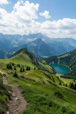 Alpine Hiking Trail with Turquoise Mountain Lake
