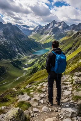Lone Hiker Over Alpine Mountain Valley