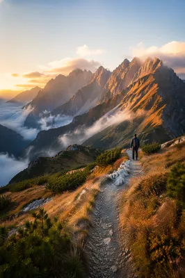 Autumn Sunrise Mountain Trail with Distant Hiker