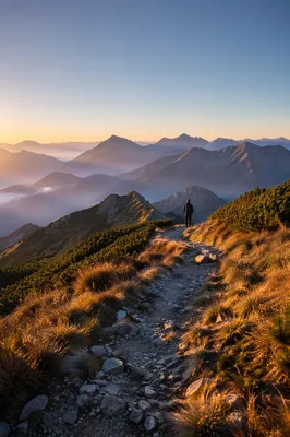 Autumn Sunrise Mountain Trail With Distant Hiker