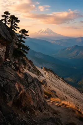 Golden Hour Mountain Trail and Snowy Peak