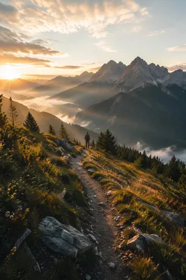 Sunrise Hiking Trail Through Misty Mountains