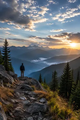 Peaceful Hiker Before Misty Mountain Ranges