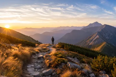 Autumn Sunrise Mountain Trail with Distant Hiker