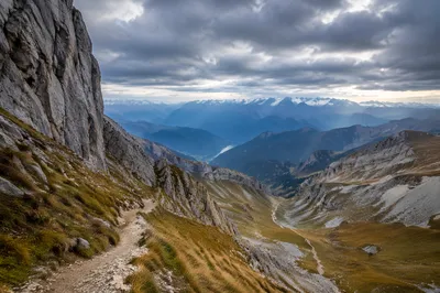 Alpine Hiking Trail Above Mountain Valley