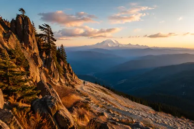 Golden Hour Mountain Trail and Snowy Peak