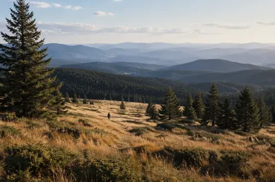 Peaceful Mountain Meadow With Distant Hiker