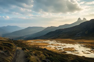 Peaceful Mountain Trail with Golden Wetland