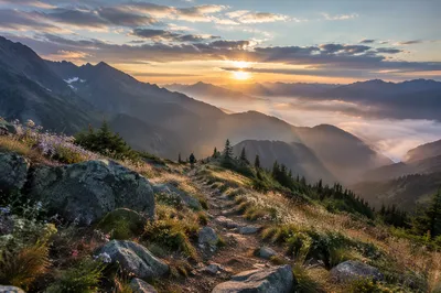 Peaceful Sunrise Hike Through Alpine Mountains