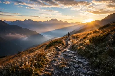 Sunrise Alpine Trail Toward Mountain Peaks
