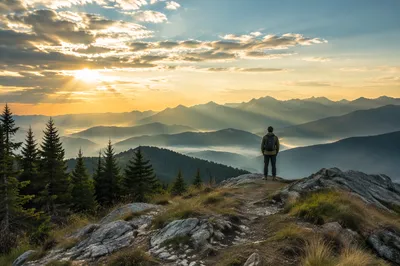 Hiker Overlooking Misty Alpine Mountain Ranges
