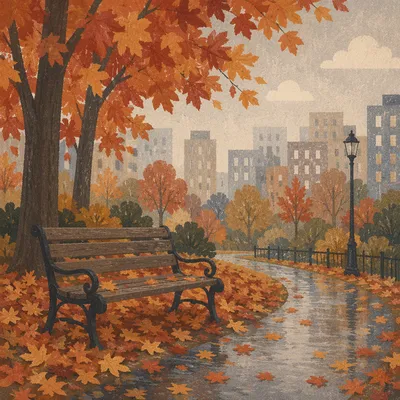 Autumn Park Bench in Misty City