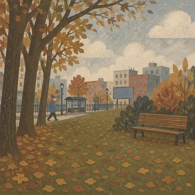 Quiet Autumn Park Bench in City