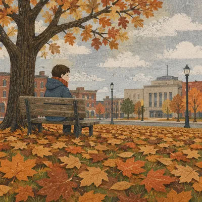 Quiet Autumn Park Bench in City
