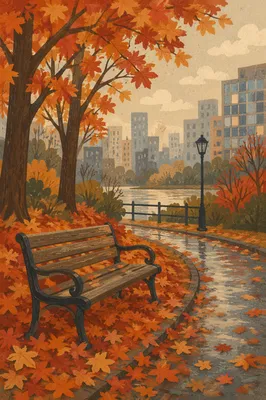 Quiet Autumn Park Bench in the City