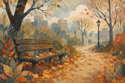 Quiet Autumn Park Bench at Dawn