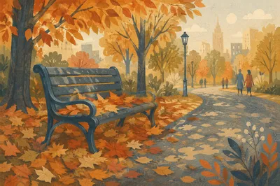 Autumn Park Bench Along Misty City Path