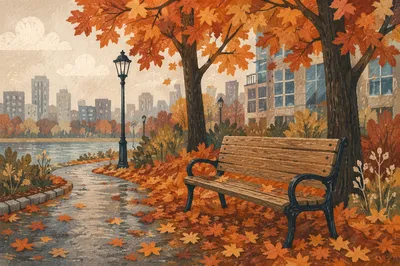 Quiet Autumn Park Bench in City