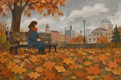 Quiet Autumn Park Bench in City