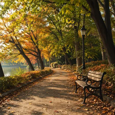 Autumn Park Bench Along Curving City Path