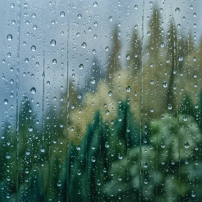 Rain Droplets on Blurred Forest Window