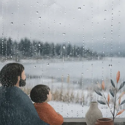 Rain Drops on Winter Window Glass