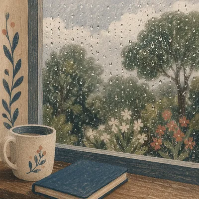 Rain Drops on Window with Quiet Garden