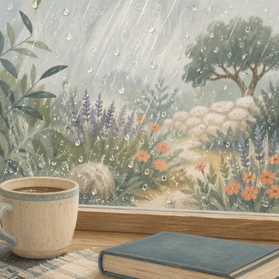 Rain Drops on Window in Morning Garden