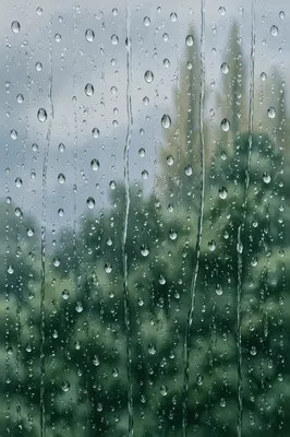 Rain Droplets on Blurred Forest Window