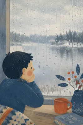 Rain Droplets on Misty Winter Window