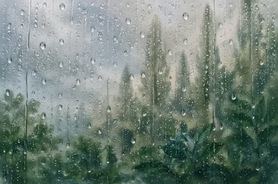 Rain Droplets on Blurred Forest Window
