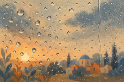 Raindrops on Window with Golden Hour Glow
