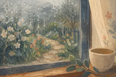Rain Droplets on Fogged Garden Window
