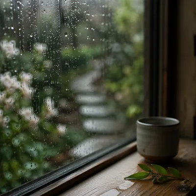 Rain Droplets on Fogged Garden Window