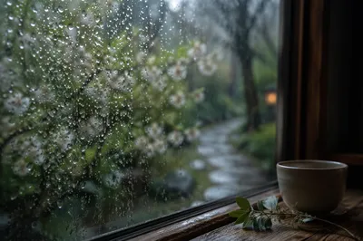 Rain Droplets on Window with Blurred Garden
