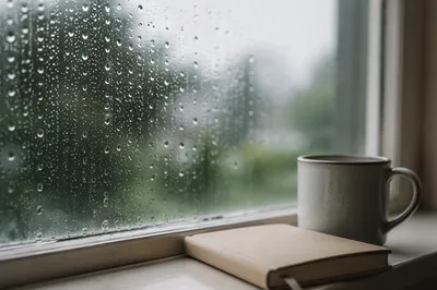 Rain Droplets on Window with Mug