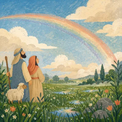 Rainbow Over Green Field After Rain