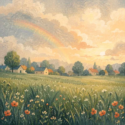 Rainbow Over Green Field After Rain