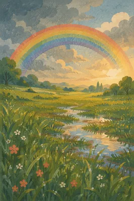 Hopeful Rainbow Over Rain-Washed Green Field