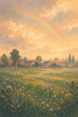 Rainbow Over Green Field After Rain