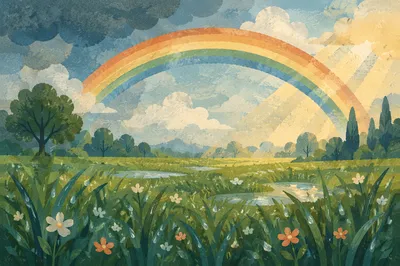 Hopeful Rainbow Over Rain-Washed Green Field