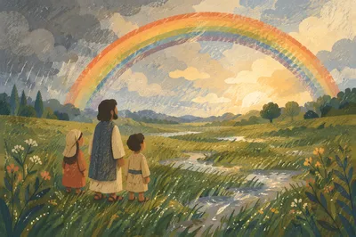 Hopeful Rainbow Over Rainwashed Green Meadow