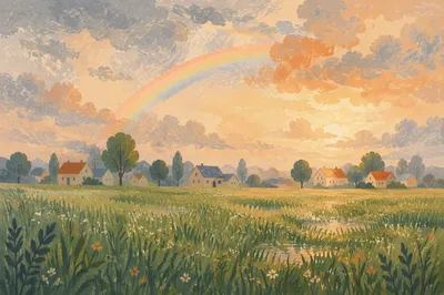 Rainbow Over Green Field After Rain