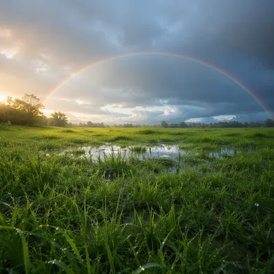 Hopeful Rainbow Over Rainwashed Green Field