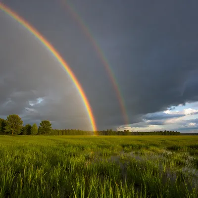 Hopeful Double Rainbow Over Green Field