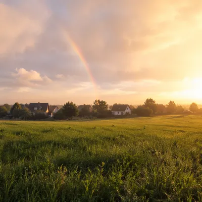 Rainbow Over Green Field After Rain
