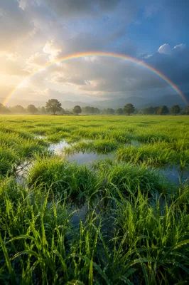 Hopeful Rainbow Over Rain-Washed Green Field