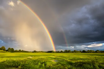 Double Rainbow Over Green Field After Rain