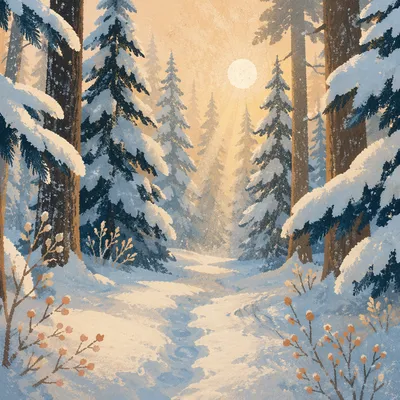 Sunrise Snow Covered Pine Forest Path