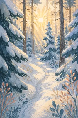 Snow Covered Pine Trees at Sunrise